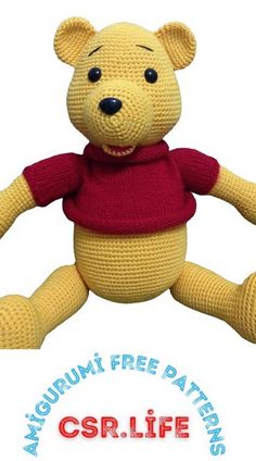 a yellow teddy bear with a red sweater on it's chest and the words crib life written below