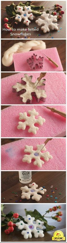 snowflakes are being made with scissors and glue on pink paper, while other images show how to make them