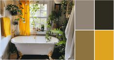 the bathroom is decorated in shades of yellow and grey, with plants on the wall