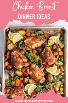 chicken breast dinner with vegetables and lemons in a pan