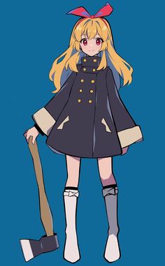 an anime character with long blonde hair and boots, holding a pickle in her hand