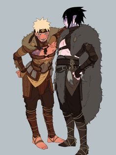 two people standing next to each other wearing armor and holding hands on their hipss