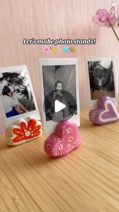 there are pictures and hearts on the table