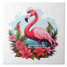 a pink flamingo with tropical flowers and leaves around it