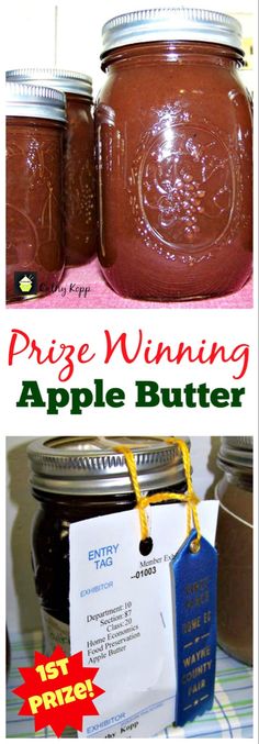 three jars with labels on them and the words prize winning apple butter