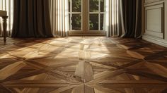 an empty room with wooden floors and curtains