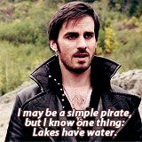 a man wearing a leather jacket with a quote from the movie once upon him that says, i may be a simple pirate, but i know one thing lakes have water