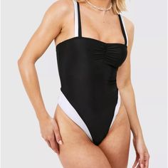 Brand New With Tags, Boohoo Swim Collection, One Piece, Size Us 8 (Medium), Black With White Lining, No Padding On The Chest Trendy Black Swimwear With Lined Body, Boohoo Maternity, Boohoo Outfits, Gold Swimsuit, Maternity One Piece, Black And White One Piece, Purple Swimsuit, Ruched Swimsuit, White One Piece