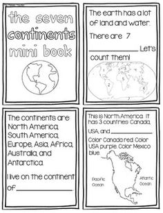 the seven continentss mini book with four different pictures and words on it, including an image