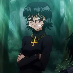 an anime character standing in the woods with her arms crossed