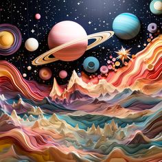 an image of the planets in space with mountains and stars around them, as if they were painted on paper