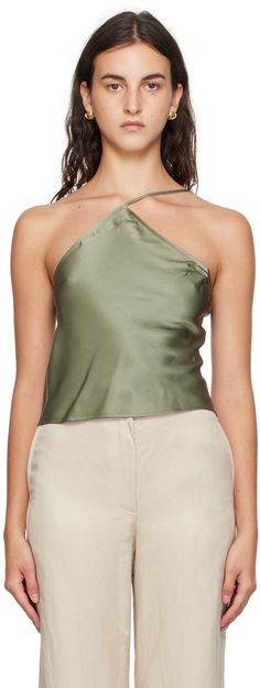 Bias-cut silk charmeuse camisole. · Single-shoulder construction · Asymmetric neck · Adjustable spaghetti strap · Open back Supplier color: Green Anine Bing, Silk Charmeuse, Cami Tanks, Apparel Accessories, Spaghetti Strap, Women Wear, Womens Tops, Silk, Outfit Accessories