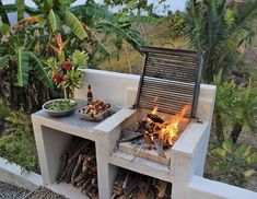 an outdoor bbq grill with fire and food on the outside, surrounded by tropical vegetation