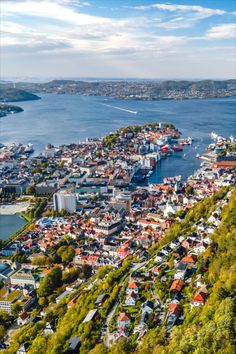 Aerial photo of Bergen Medieval Buildings, Mountain City, Scandinavia Travel, Bergen Norway, Places In Europe, Historical Landmarks, World Cities, Seaside Towns, World View