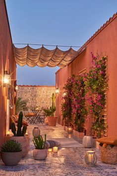 an outdoor patio with potted plants and lights