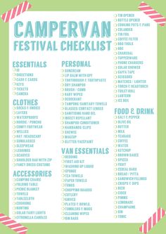 the campervan festival checklist is shown in blue and green with red stripes