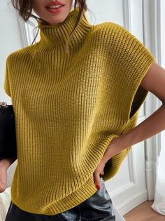 Shop For Womens Sweaters & Cardigans Online | stylewe Simple Sweater, Fashion Black And White, Simple Sweaters, Fitted Turtleneck, Short Sleeve Pattern, Fashion Elegant, Yellow Sweater, Fashion Black, Casual Sweaters