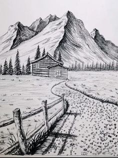 a pencil drawing of a mountain scene with a house in the foreground and a road running through it