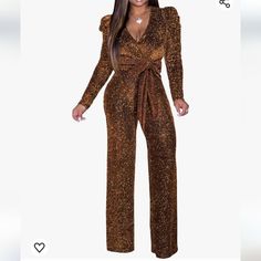 Senight Jumpsuit Elegant Long Sleeve Brown Copper Matallic Sparkle Size Xxl Cross Over Front/Pleated Puff Shoulder/Belt For Waist/Wide Leg/Soft Stretchy Fabric Measurements Laid Flat Chest 22" Waist 18" Hips 23 1/5" Sleeve 20" Length 65" Inseam 31" Ankle 11" Nwot Metallic Long Sleeve Jumpsuits And Rompers For Night Out, Metallic Long Sleeve Jumpsuits For Night Out, Metallic Long Sleeve Jumpsuits And Rompers For Party, Gold Sequin Jumpsuits And Rompers For Night Out, Glamorous Gold V-neck Jumpsuits And Rompers, Metallic Shimmer Jumpsuits And Rompers For Party, Utility Romper, Flowy Romper, Brown Copper