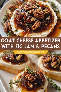 goat cheese appetizer with fig jam and pecans on a white platter