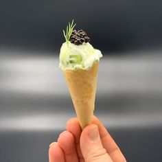 a hand is holding an ice cream cone with green toppings on top and black sprinkles