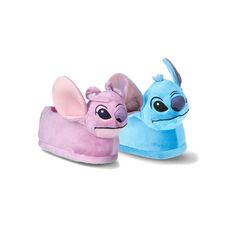 two slippers with cartoon characters on them, one is pink and the other is blue