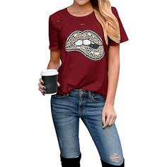 Wine Red Lip Print Distressed Holes Tees Casual Red T-shirt For Fall, Casual Ripped Short Sleeve T-shirt, Red Short Sleeve T-shirt For Fall, Casual Burgundy Short Sleeve T-shirt, Casual Burgundy Short Sleeve Top, Burgundy Casual Short Sleeve Top, Burgundy Short Sleeve Top For Fall, Red Distressed Crew Neck T-shirt, Casual Relaxed Fit Ripped T-shirt