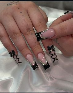 Nails For 16 Birthday, Black Blinged Out Nails, Frenchies With Rhinestones, Black Nails Bling, 22nd Birthday Nail Ideas, 19th Birthday Nails Ideas, Black Nails With Gems Rhinestones, Black Quince Nails, Black Bling Nails