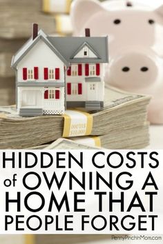 a piggy bank sitting on top of a pile of money with the words hidden cost of owning a home that people forget