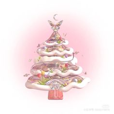 a pink and white christmas tree with an angel on it's top, surrounded by other ornaments