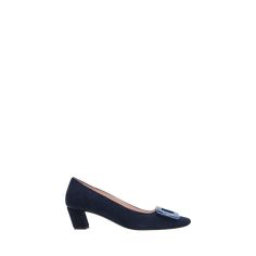 Roger Vivier "Belle Vivier" suede pumps. 1.8" covered block heel. Square toe. Signature granite buckle. Slip-on style. Leather outsole. Lining: Goat leather. Made in Italy. Roger Vivier, Goat Leather, Suede Pumps, Block Heels, Tops Designs, In Italy, Slip On, Buckle, Pumps