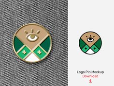 a badge with an eye and cross on it, next to the logo for log pin mockup