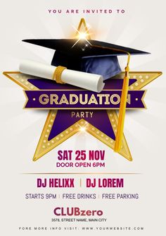 graduation party flyer template with graduate cap and diploma on star in the middle, purple background