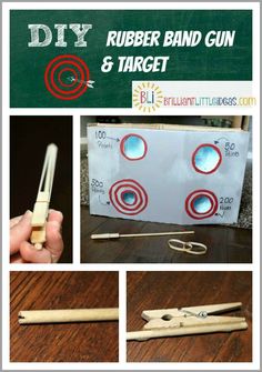 DIY craft for kids.Your kids will have so much fun with their DIY Rubber band gun and target. Great summer craft, rainy day craft, or weekend kid crafts. Diy Games For Kids, Fireman Crafts, Vintage Carnival Games, Diy Craft For Kids, Building Games For Kids, Duct Tape Crafts, Christmas Games For Kids, Rainy Day Crafts, Outdoor Games For Kids