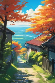 an anime scene with houses and trees in the foreground, water on the far side