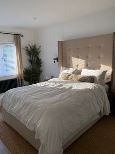 a bedroom with a large bed and windows