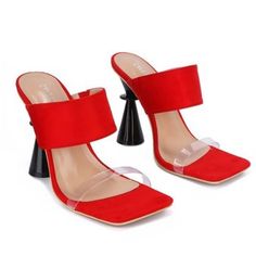 Square Toe Mule Suede Like Material Transparent Strap Over The Toe 3 Inch Funky Heels Very Light In Weight True To Size Very Comfortable Capes For Women, Red Color, Heeled Mules, Mule Shoe, Shoes Women Heels, Shoes Heels, Women Shoes