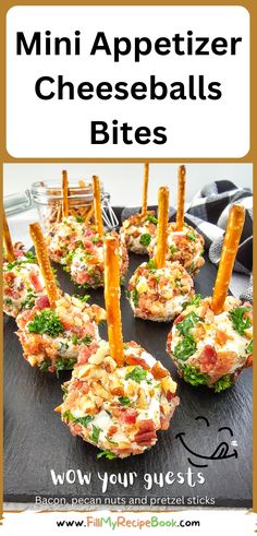 Mini Appetizer Cheeseballs Bites recipe for a No Bake party snack. Easy individual cheeseballs with bacon, pecan nuts, with a pretzel stick. Bacon Cheeseball Bites, Appetizers With Pretzels, Bocce Ball Party Food, Pretzel Stick Appetizers, Easy No Bake Thanksgiving Appetizers, Cheeseball Bites Pretzel Sticks, Party Finger Foods Dessert, Easy Bacon Appetizers, Cheese Ball Bites Pretzel Sticks