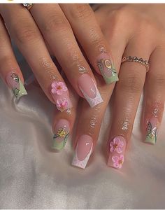 Green Nails With Rhinestones, Pink And Green Nail Art, Lip Ideas, Nails With Rhinestones, Green Nail Art, Green Nail, Cute Acrylic Nail Designs