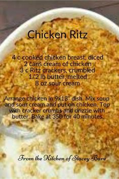 the ingredients for chicken ritz in a white bowl