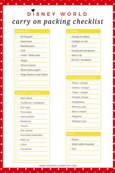 the disney world carry on packing checklist is shown in red and white polka dots