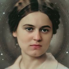 a portrait of a young woman with stars in the sky behind her and an oval background