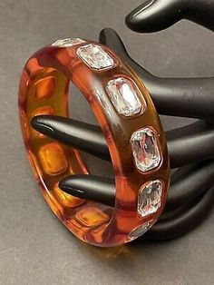 Chunky MCM Acrylic Bangle Bracelet Apple Juice Large Clear Crystals 1960s Retro | eBay Vintage Lucite Bangle Bracelet, Retro Party Bangle Jewelry, Retro Bangle Bracelets For Parties, Apple Juice, Amber Color, Clear Crystals, Vintage Costume Jewelry, Vintage Costumes, Resin Crafts