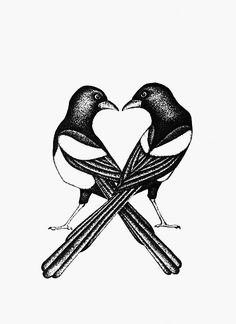 two birds sitting on top of each other in the shape of a heart with crossed sticks