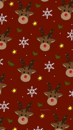 a red background with white and yellow snowflakes on it's head, surrounded by reindeer heads