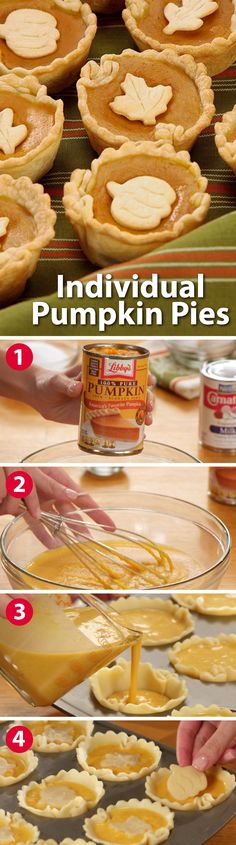 the steps to making individual pumpkin pies are shown in this video and then labeled with instructions for how to make them