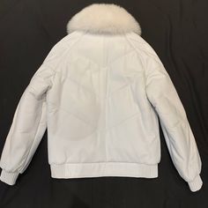 Material: Lambskin Leather, Fox Fur Style: Bomber Color: White White Leather Winter Outerwear, Luxury White Leather Outerwear, Luxury White Leather Jacket For Winter, Luxury White Leather Jacket With Long Sleeves, Fur Fashion, White Fox, Fox Fur, Lambskin Leather, Bomber Jacket