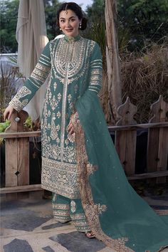 Fascinating Sea Green Color Georgette Fabric Pakistani Replica Palazzo Readymade Blouses Online, Pant Suits For Women, Full Sleeve Top, Palazzo Suit, Readymade Saree, Ready To Wear Saree, Pakistani Dress, Embroidered Dupatta, Heavy Embroidery