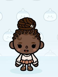 a cartoon girl with braids on her hair standing in front of snow covered ground