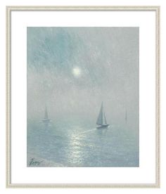 two sailboats in the ocean on a foggy day by an artist's easel